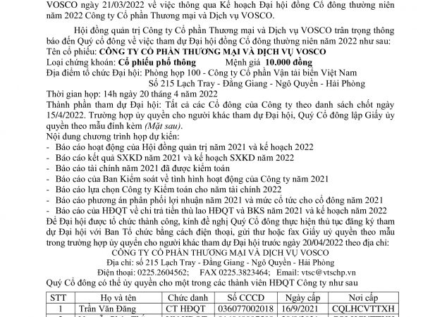 THÔNG BÁO  CHỐT DANH SÁCH CỔ ĐÔNG VÀ MỜI THAM DỰ  ĐẠI HỘI ĐỒNG CỔ ĐÔNG THƯỜNG NIÊN NĂM 2022